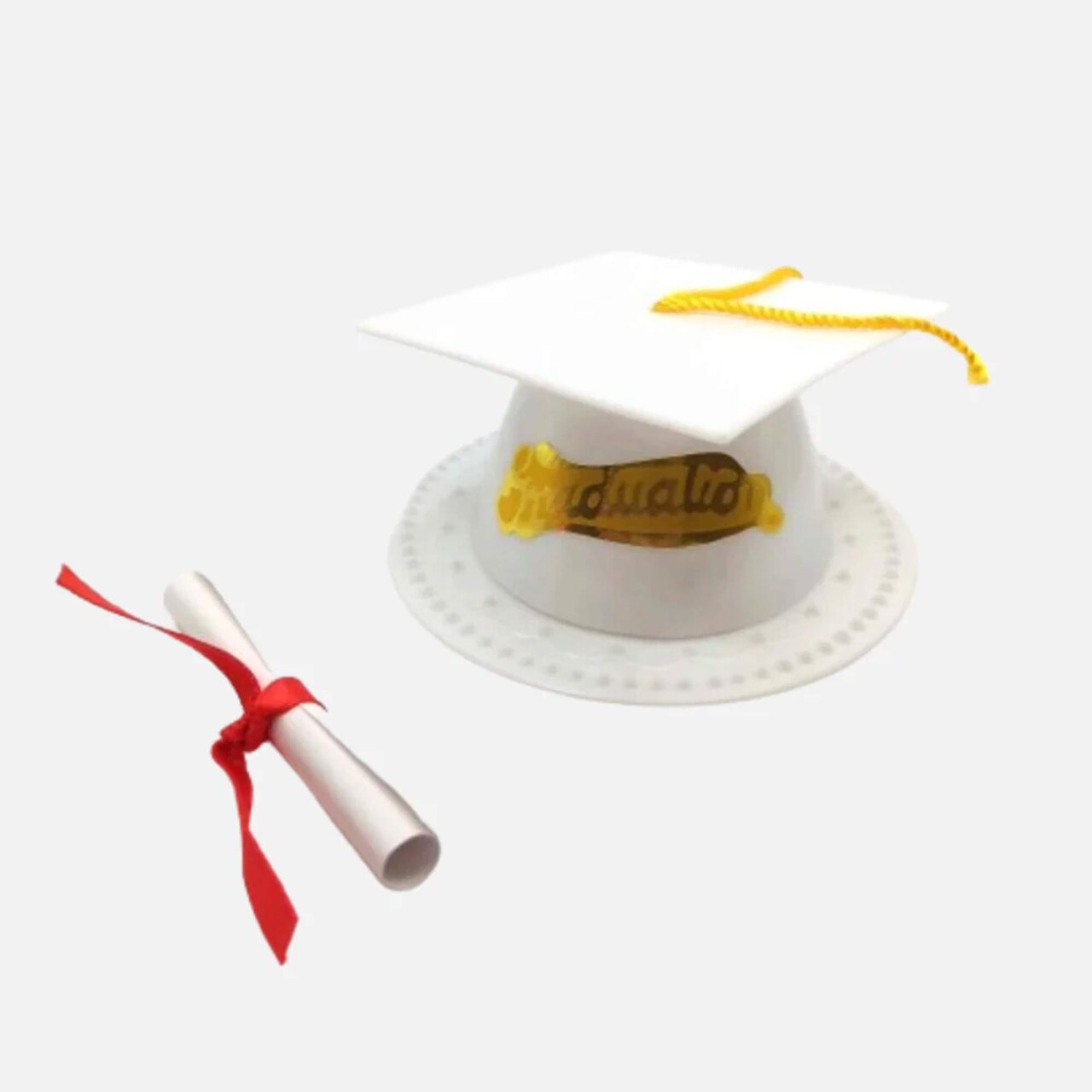 24 Count Graduation Cap Cake Topper with Diploma Plastic Paper Party Decoration White 3.5 Inch
